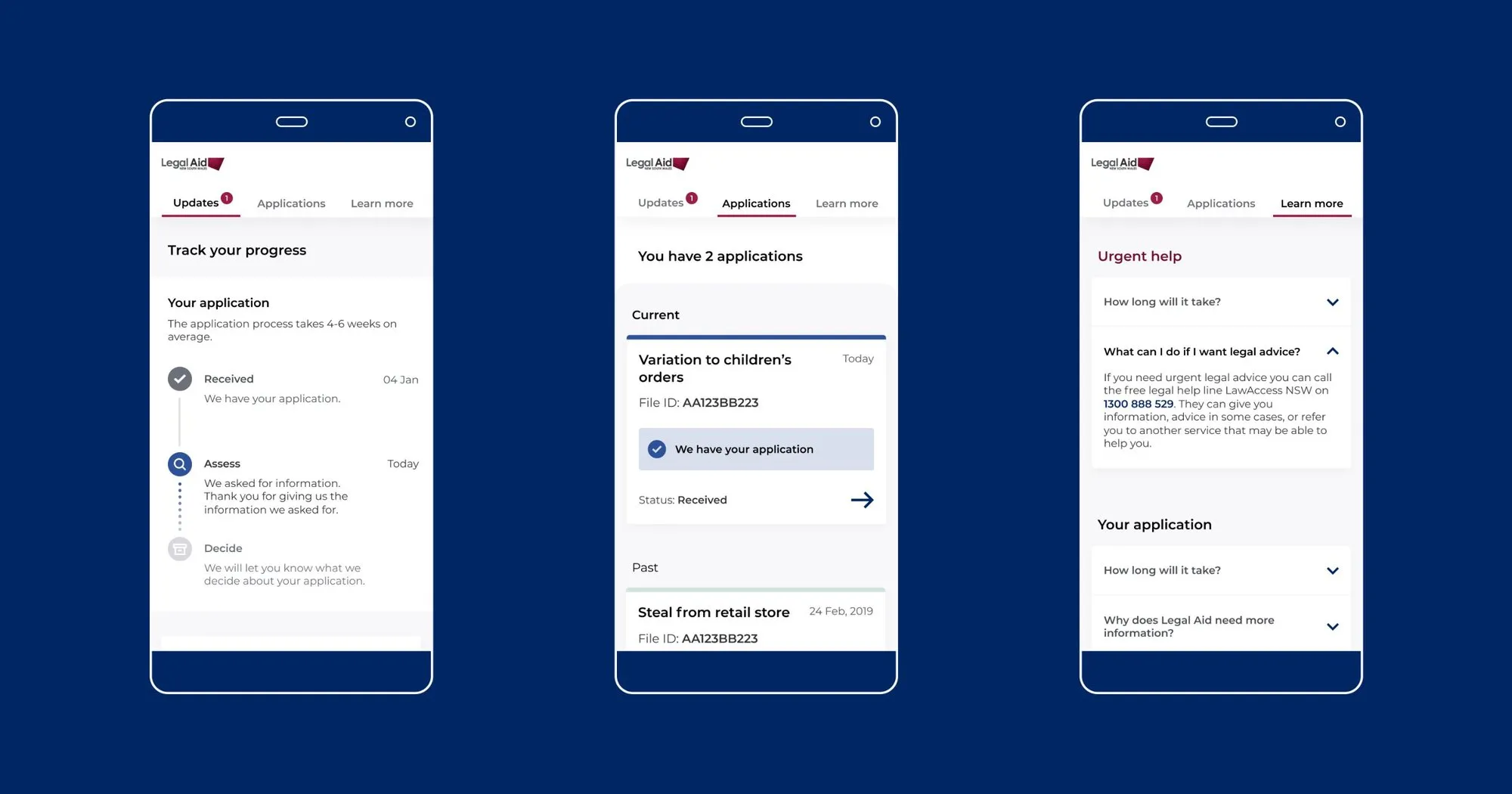 Legal Aid NSW grants tracker screens on mobile